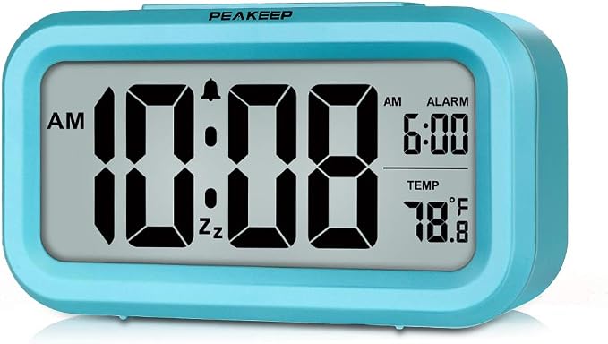 Peakeep Night Light Digital Alarm Clock Battery Operated Indoor Temperature | Small Cordless Cute Clock for Bedroom Desk Travel, Simple to Use for Teens Kids (Blue)