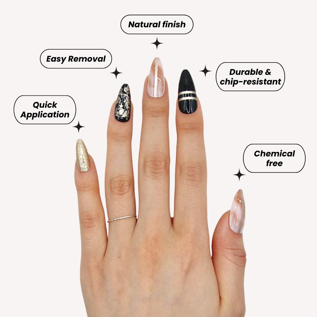 Votrenaeil Press On Nails - Midnight Glam | No Glue Short Almond Black & Nude Nails with Gold Chrome Accents - 24 Pcs Nail Kit with Adhesive Tabs