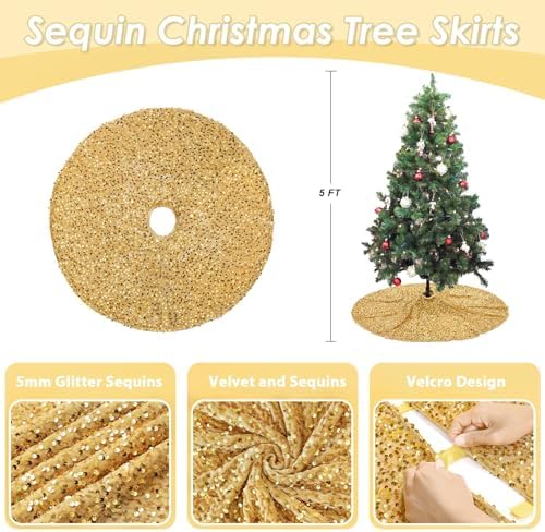 36 Inches Gold Tree Skirt Small Christmas Tree Skirts Glitter Sequins Velvet Tree Skirt for 4ft Xmas Trees Decorations
