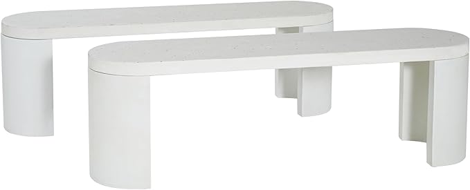 Christopher Knight Home Vex Set of 2 Concrete Outdoor Bench with Modern White Terrazzo Effect, Outdoor Dining Chairs, Oval Garden Bench with Pedestal Base, Extra Seating for Patio/Balcony, White