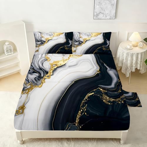 3D Marble Fitted Sheet Set Full Size for Kids Women Men Modern Marble Sheet Sets Soft Microfiber Bed Sheet Black Gold Grayish White Bedspread 1 Fitted Sheet+1 Flat Sheet+2 Pillowcases - color: 3d Marble, size: Full