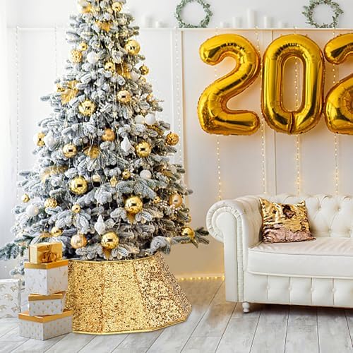 Blissun Christmas Tree Collar, Sequin Christmas Tree Skirt, Foldable Tree Ring, Xmas Tree Stand Base Cover for Christmas Tree Decoration, Bright Gold