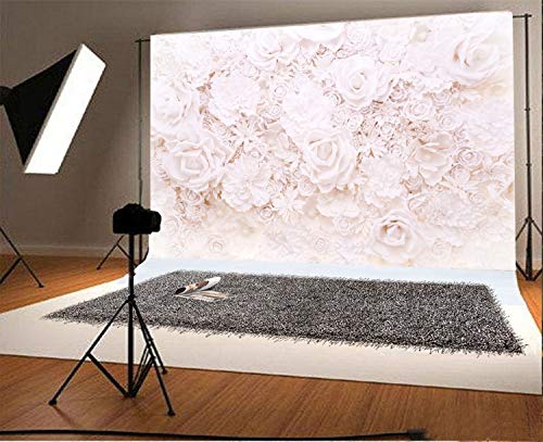 AOFOTO 12x8ft White Flowers Wall Backdrop Elegant Roses Romantic Wedding Bridal Shower Photography Background Baby Shower Party Valentines Mother's Day Photo Banner Studio Props Wallpaper - size: 12x8ft