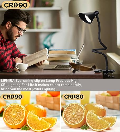 LiFMIRA Clip on Light USB Reading Light 3 Color Modes 10 Brightness Levels Eye Care Clamp Light Flexible Gooseneck Dimmable Reading Lamp Clip on Lamp for Bed Headboard Desk Bedside Dorm (Black) - color: Black