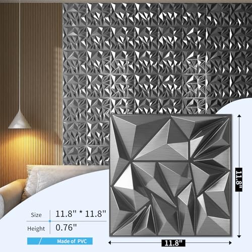 Art3d 33-Pack 3D Wall Panels - Diamond Textured Feature Paneling for Gaming, Living Room, TV Wall - 12 x 12 inch Silver - color: ‎Silver, size: 12x12 Inch 33 pcs