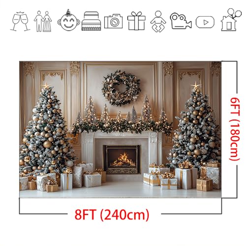 Mocsicka Christmas Fireplace Backdrop Gold Christmas Tree Fireplace Background Photography Decorations Christmas Eve Background Photo Props (8x6ft) - size: 8x6ft