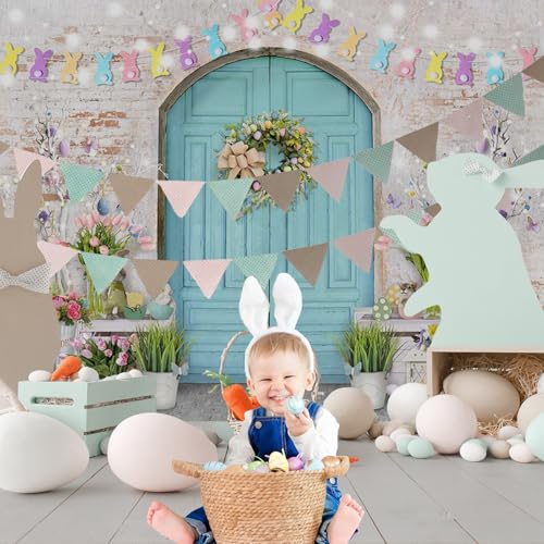 Mocsicka Easter Backdrop Blue Wooden Door with Brick Wall Bunny Rabbit Spring Photography Background Easter Day Party Decorations Photo Studio Props - size: 10x8ft(120x96 inch)