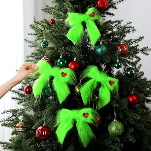 RoundFunny 4 Pcs Christmas Large Green Furry Bow with Red Heart Lime Green Christmas Tree Topper Bow Decoration Gift for Xmas Home Decor Outdoor Indoor Car Ornament