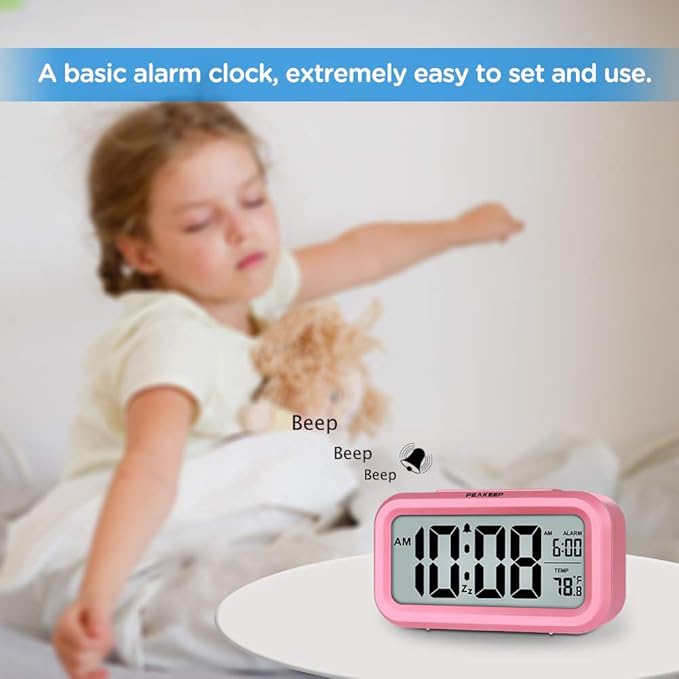 Peakeep Night Light Digital Alarm Clock Battery Operated Indoor Temperature | Small Cordless Cute Clock for Bedroom Desk Travel, Simple to Use for Teens Kids (Pink)