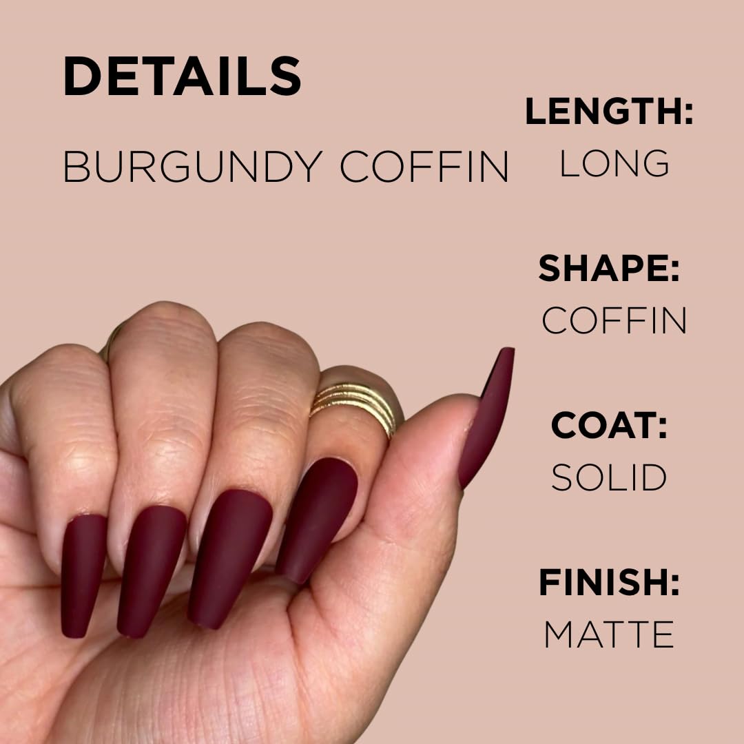 BURGUNDY COFFIN Press-On Nails by Lavaa Beauty | Long Coffin | Matte Burgundy Coffin Nails