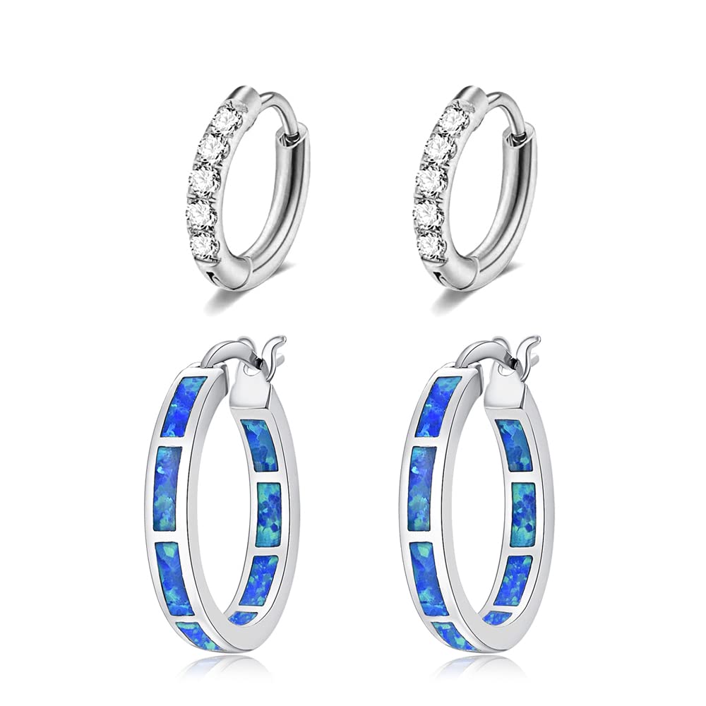 CiNily 2 Pairs Hoop Earring Set for Women Silver Plated Blue Opal Small Hoop Earring Hypoallergenic Cubic Zirconia Tiny Earrings