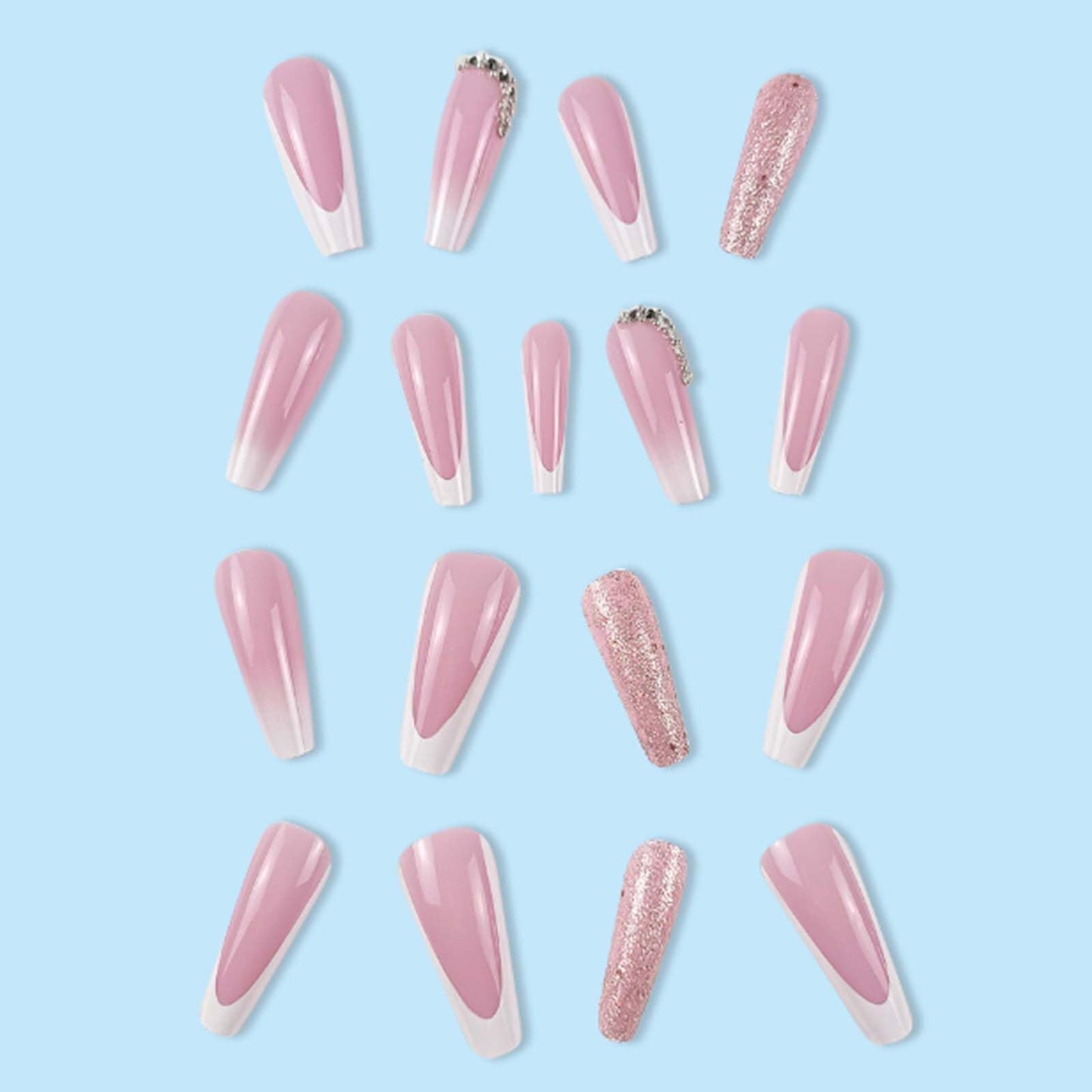 Gifiky Long Coffin False Nails White French Press on Nails Gradient Nails Tips Acrylic Cute Glitter Fake Nails for Women and Girls 24Pcs