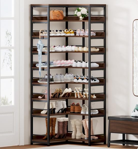 Tribesigns 9 Tiers Corner Shoe Rack, Tall Vertical Shoe Rack Organizer, Free Standing Large Shoe Storage Shelf for Entryway Hallway Closet, Space Saving, Rustic Brown