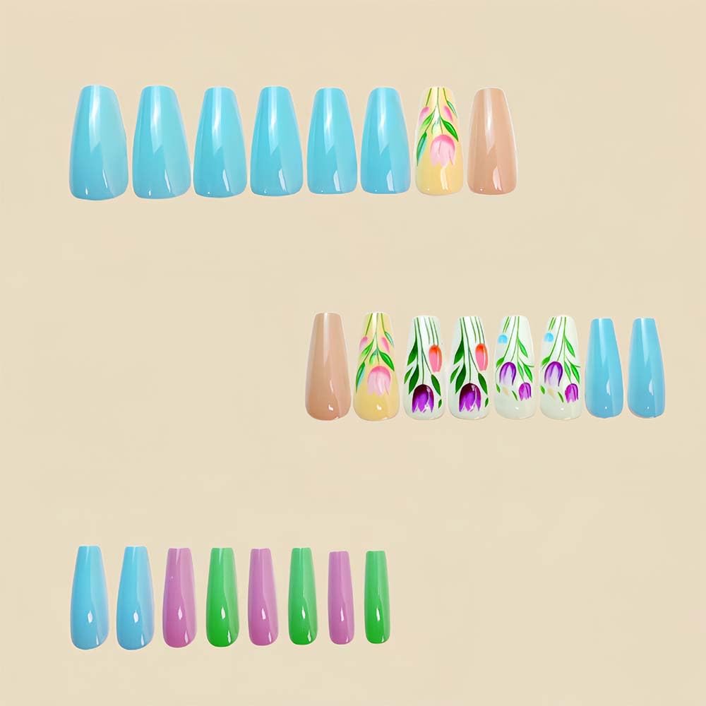 Long Press On Nails Coffin Fake Nails Flower False Nails With Tulip Design Blue Acrylic Full Cover Artificial Glossy Glue On Nail Summer Stick On Nail For Women Spring Manicure 24pcs