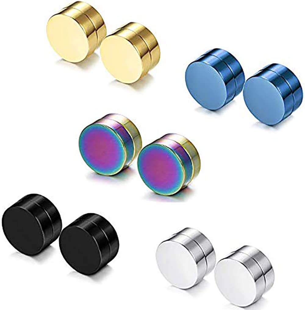 SIISPRI 4-5 Pairs 6-12mm Black Stainless Steel Magnetic Fake Gauges Earring Studs for Men Women Non Pierced Earrings,Hypoallergenic (Colorful (5 Pairs 8mm))…
