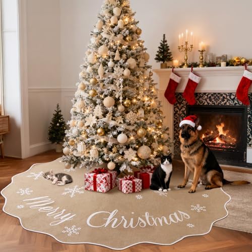 OurWarm 72 Inch Christmas Tree Skirt, Buffalo Plaid Tree Skirt for 7.5 ft Tree to 12ft Tree, Double Sided Burlap Tree Skirt Snowflake Xmas Tree Skirts for Winter Rustic Boho Farmhouse Tree Decor