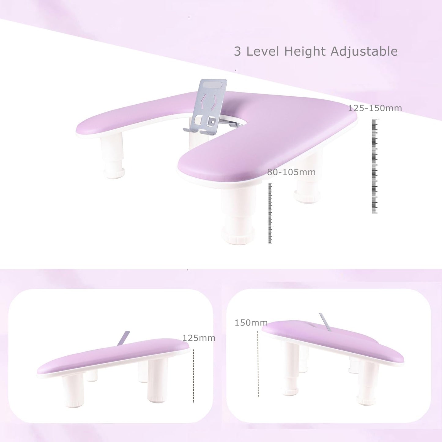 Arm Rest for Nails Tech with Rotating Phone Holder, MZCMSL U - Shaped Adjustable Manicure Hand Rest Stand (Purple)