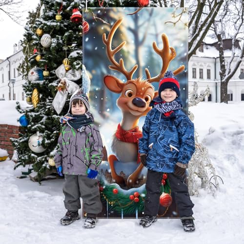 FINGOOO Christmas Door Cover Reindeer Decorations, 6Ft x 3Ft Cute Front Door Xmas Decorations Festive Fabric Door Covers Photo Booth Props
