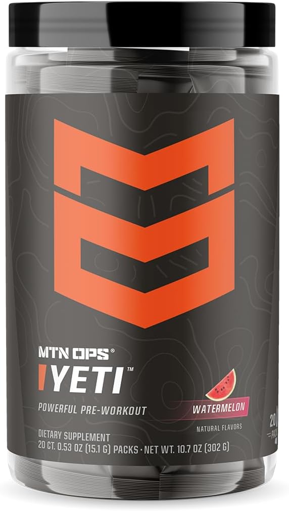 MTN OPS Yeti Trail Packs Pre-Workout Powder Energy Drink with Creatine, 200mg Caffeine & BCAAs with Beta Alanine, 20-Single Servings, Watermelon