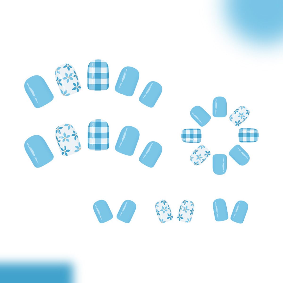 Blue Press on Nails Short Square Fake Nails Spring Summer Nails Press ons with Blue Flower & Plaid Design Full Cover Stick on Nails for Women Manicure,Artificial | Reusable | Easy Apply | 24Pcs