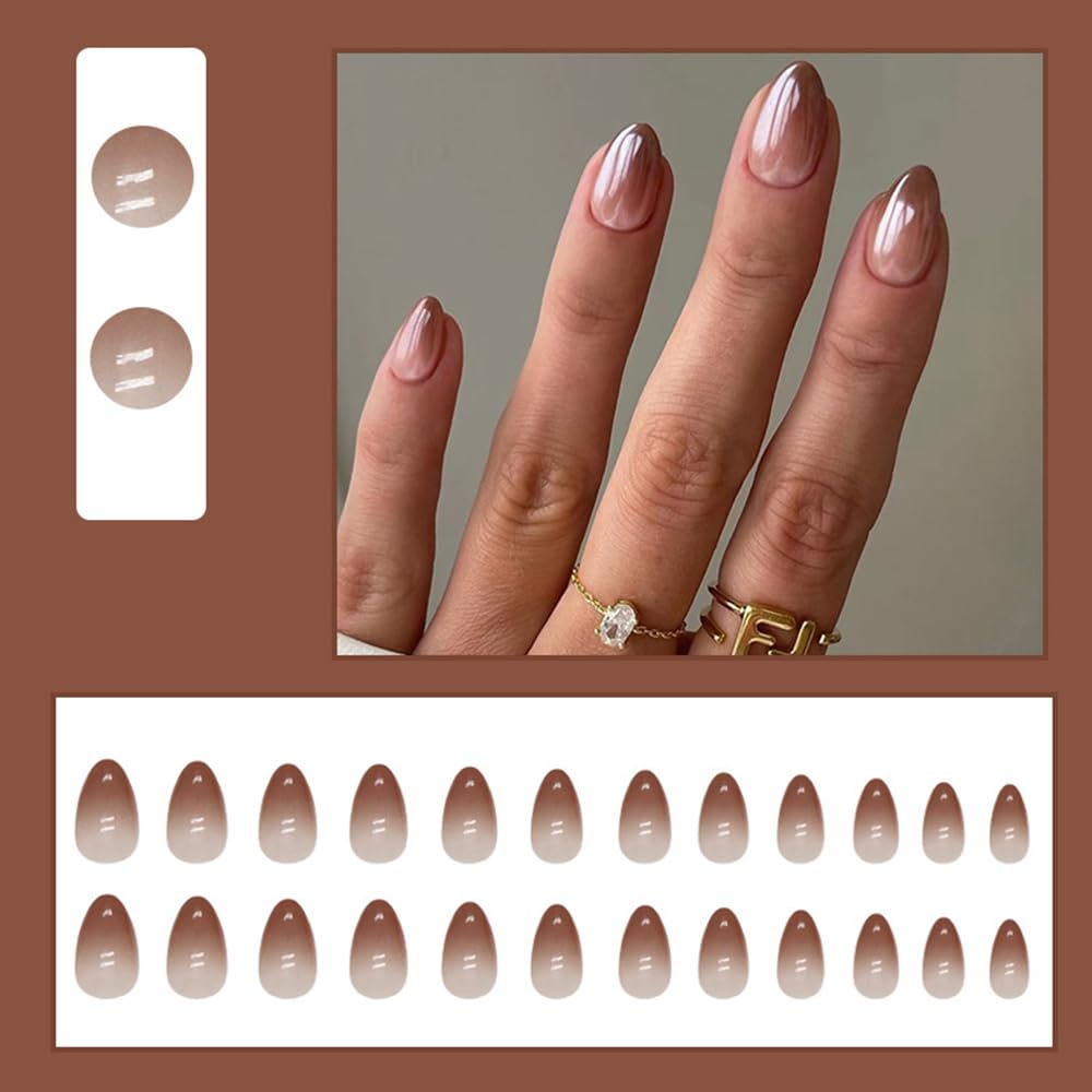 24Pcs Brown Press on Nails Short Almond Fake Nails Fall Gloss Acrylic Nails French Gradient False Nails Petite Artificial Nails Full Cover Stick on Nails Reusable Artificial Nails for Women Girls