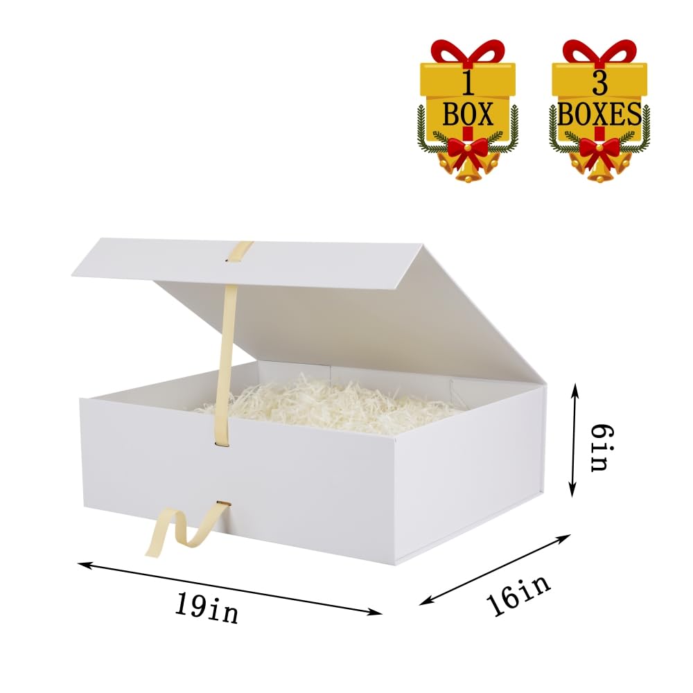 BoxSkivra White Extra Large Gift Box with Lid 1 Pack 19x16x6 Inch Large Gift Boxes with Crinkle Paper & Card Magnetic Gift Box with Ribbon for Wedding Dress