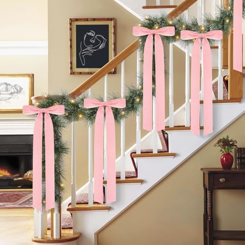 Velvet Bows for Christmas Tree Pack of 4 Large Rustic Crafts Gift Wreath Bow Ornaments for Xmas Topper Staircase Home Wedding Outdoor Interior Decor, 2" Width, 23 x 8.7 Inch (4, Pink)