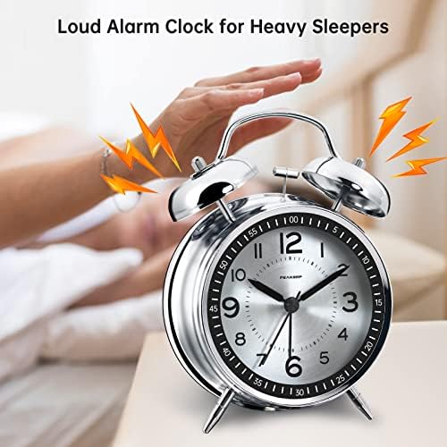 Peakeep Loud Alarm Clock for Heavy Sleepers Adults, Metal 4.5 Inches | Twin Bell Battery Operated Analog Alarm Clocks for Bedrooms Kids' Room Decoration (Metal Silver)