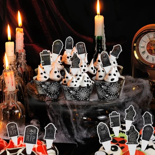 48 Pack Halloween Cupcake Toppers and Black Spider Web Wrappers, Tombstones Skeleton Cupcake Picks Decoration for Halloween Party Birthday Party Supplies - style: Halloween