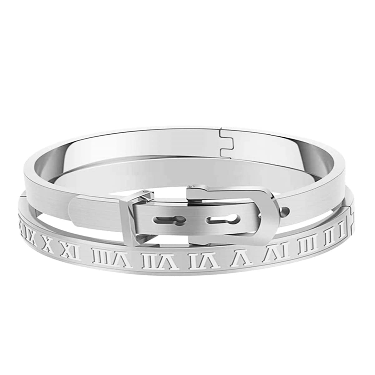 Jarlinwel Gold Silver Plated Bracelets for Men Women Roman Numeral Bangle Bracelet Stainless Steel Personalized Engraved Unisex Gift (2 Pcs Womens Silver Bangle)