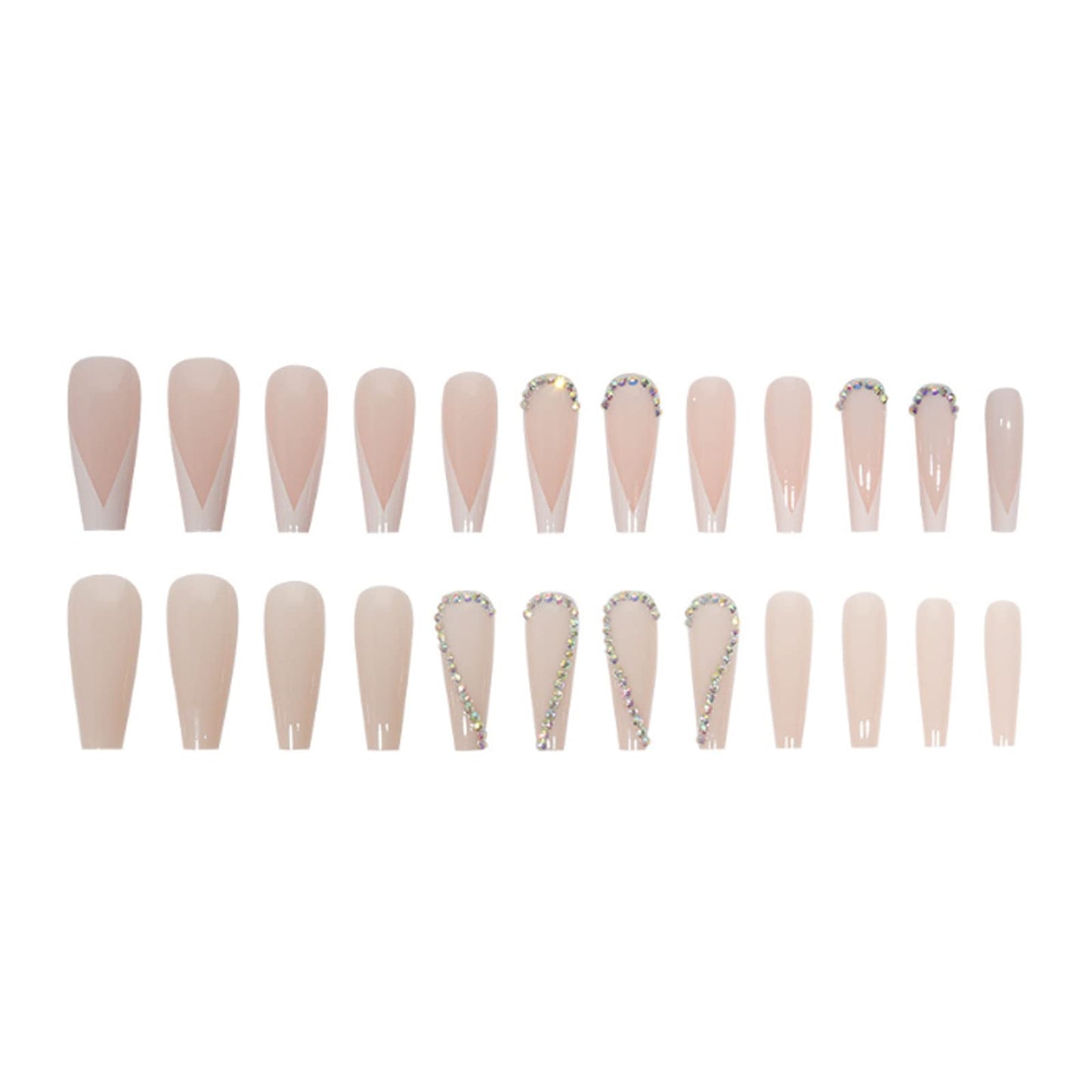 DANMANR Long Press on Nails Square French Fake Nails Full Cover Nude Acrylic False Nails for Women and Girls 24PCS (Coffin Rhinestones Multicolor)