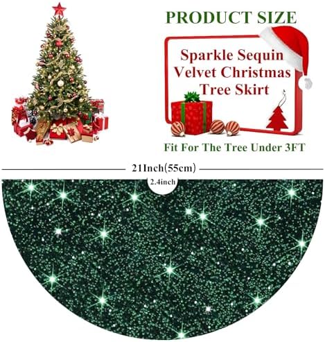 Emerald Green Christmas Tree Skirt Velvet Tree Skirt 21 Inch Small Sequin Tree Skirt Christmas Tree Mats Sparkle Rug for Christmas Tree Dark Green Tree Skirts for Slim Xmas Tree Decorations
