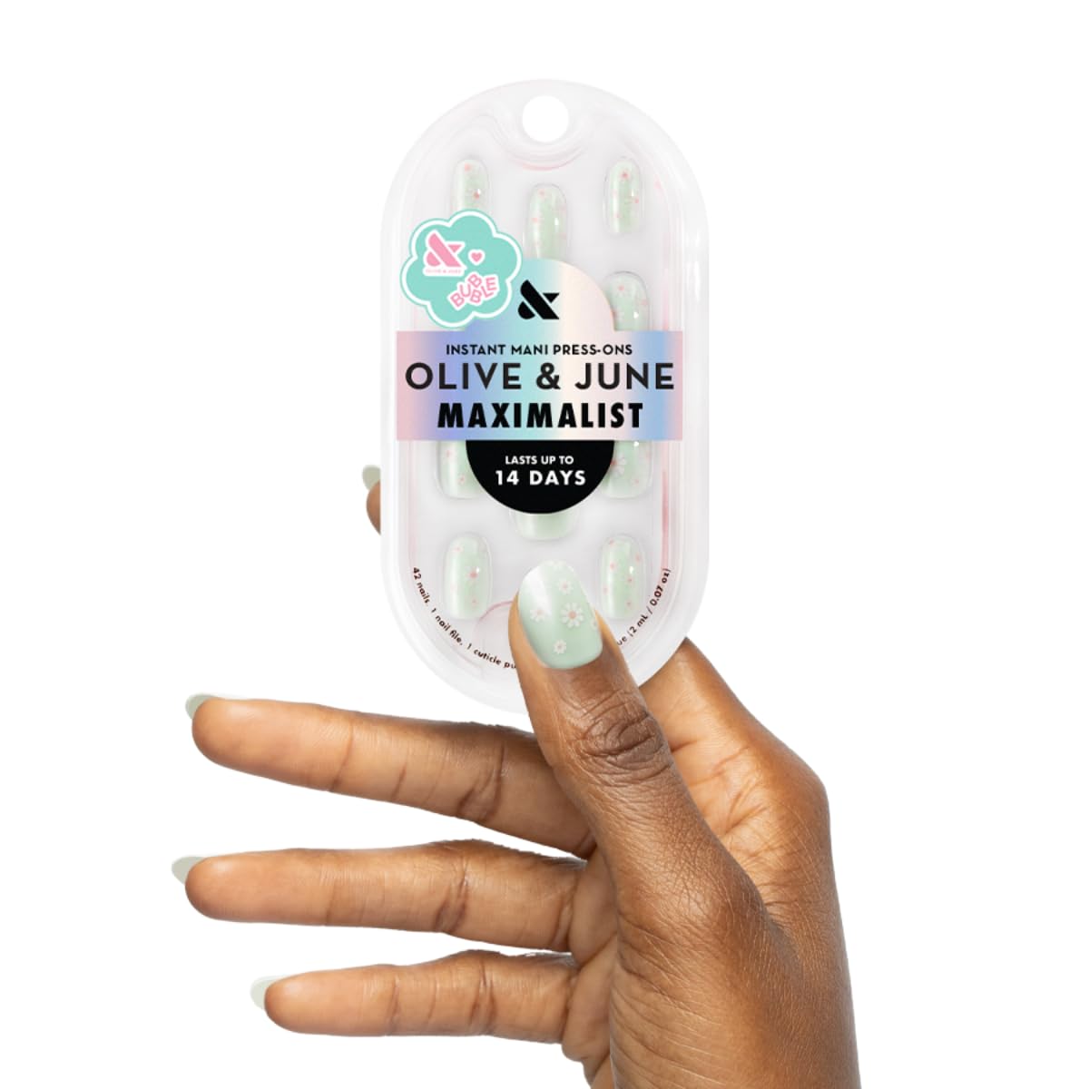 Olive & June Maximalist Instant Mani Press-On Nails (Glue) | 42 Fake Nails, 21 Sizes | Non-Toxic, Long-Lasting Big, Bold Gorgeous Realistic Look | Short, Round | Teal Chrome Flower Shower