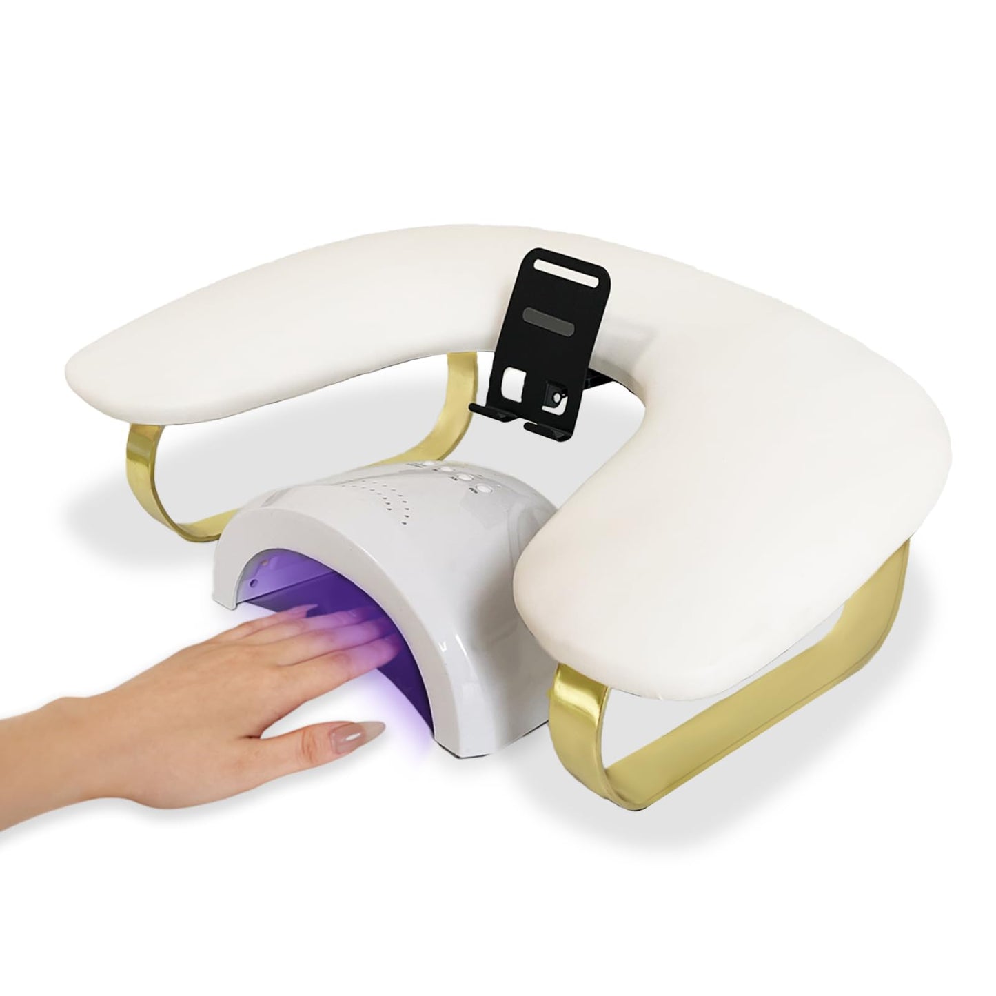 Rotating Phone Holder Nail Arm Rest, PU Leather U-Shaped Hand Stand for Nail Technicians & Manicure Use (white)