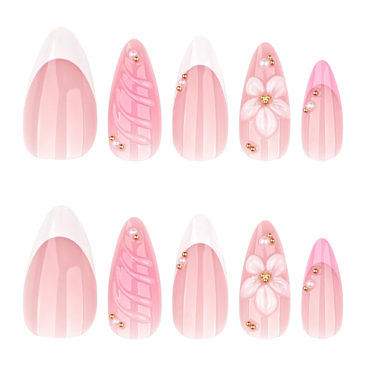 White Frech Tip Press on Nails Medium Almond Fake Nails Press ons with 3D Floral Pearl Design Spring Summer False Nails Nude Pink Reusable Acrylic Stikc on Nails for Women Maicure | 12 Sizes-24 Pcs