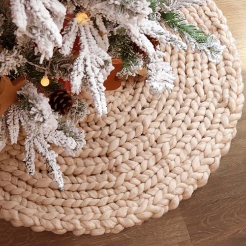 36 inch Christmas Tree Skirt: Chunky Knit Tree Skirt for 6ft Tree, Crochet Beige Small Tree Skirt, Vintage Tree Skirts, Rustic Farmhouse Christmas Decorations