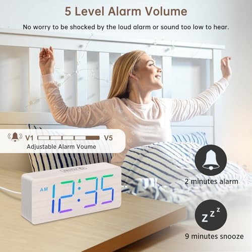 DreamSky Wooden Digital Alarm Clock for Bedroom, Living Room Desk | RGB Loud Alarm Clock for Heavy Sleepers with Volume Control, Large Numbers with Dimmer, Office Wood Decor (Plug in Clock)