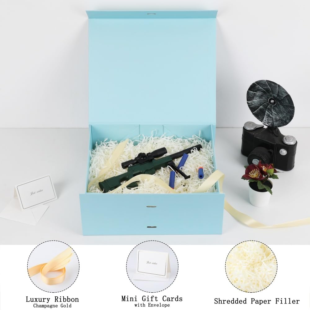 BoxSkivra Blue Extra Large Gift Box with Lid 1 Pack 19x16x6 Inch Large Gift Boxes with Crinkle Paper & Card Magnetic Gift Box with Ribbon for Wedding Dress