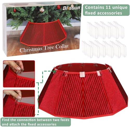 Blissun Christmas Tree Collar, Velvet Foldable Christmas Tree Ring with Silver Dotted line, Christmas Tree Skirt for Artificial Christmas Trees Decoration, Red
