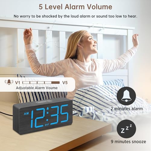 DreamSky Wooden Digital Alarm Clock for Bedroom with Large Numbers | Desk Clocks for Living Room, Dimmer, Loud Alarm for Heavy Sleepers with Volume Control, DST, Office Wood Decor (Plug-in)
