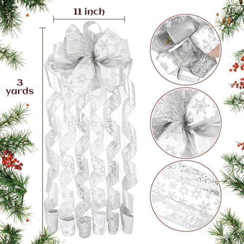 Silver Glitter Christmas Tree Topper Bow 11 Inch with 6 Ribbon Tails 3 Yards Long Wired Ribbon for Holiday Easy Style Party Decoration