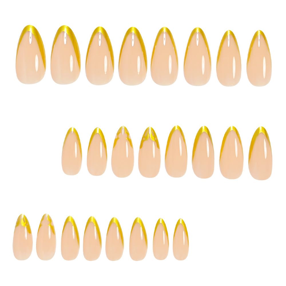 Press on Nails Almond - French Tip Fake Nails with Gold Line Design - Medium Fasle Nails Press ons - for Women 24 Pcs