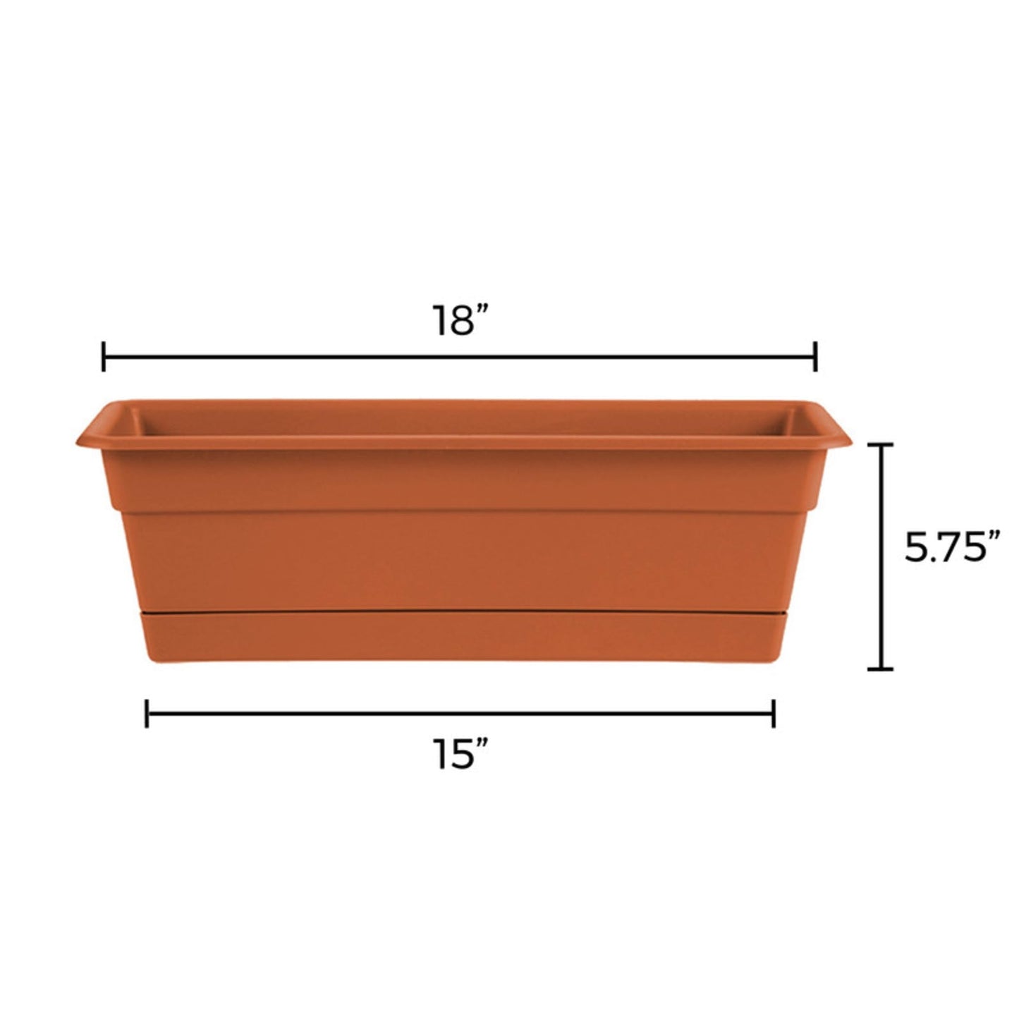 Bloem Dura Cotta 18" Plastic Window Box Planter with Saucer Tray: Indoor/Outdoor, for Windowsill, Ledge, & Tabletop, Terra Cotta
