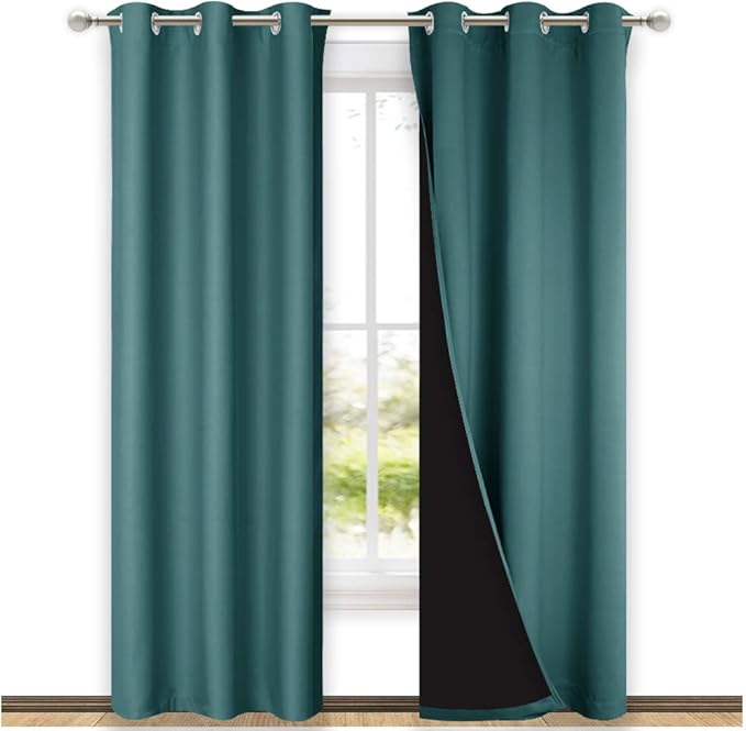 NICETOWN Sea Teal Full Shade Curtain Panels, Pair of Thermal Insulated & Energy Efficiency Blackout Drapes for Living Room Windows, Lined Silky Performance Window Dressing (37" Wide x 84" Long, Gray)