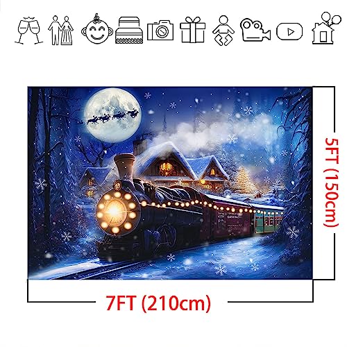 Mocsicka Christmas Train Backdrop for Photography Winter Train Xmas Snow Night Railway Party Background Wonderland Snowflake Portrait Photo Studio Props (7x5ft) - size: 7x5ft