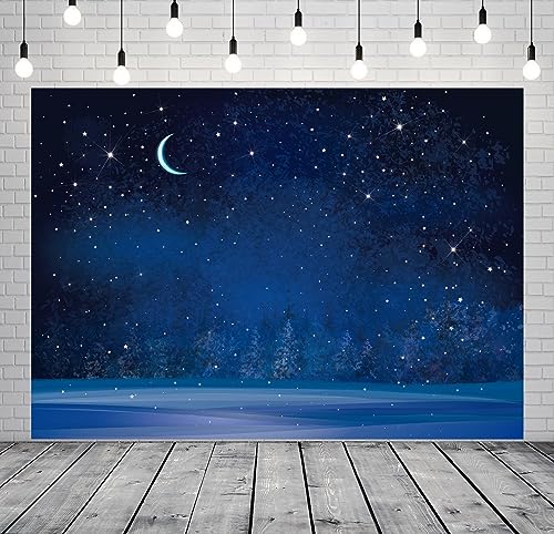 BELECO 5x3ft Fabric Winter Wonderland Night Snowfall Backdrop Blue Starry Sky Moon Stars Snowflakes Fir Trees Pine Forest Snow Scene Background Christmas New Year Party Decoration Photo Studio Props - size: 5x3FT