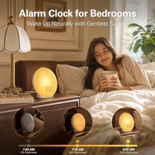 JALL Full-Screen Wake Up Light Sunrise Alarm Clocks for Bedrooms, White Noise Machine for Heavy Sleepers, 25 Natural Sounds, Dual Alarms, FM Radio, 17 Dimmable Colors, Bluetooth Speaker, Metallic Pink