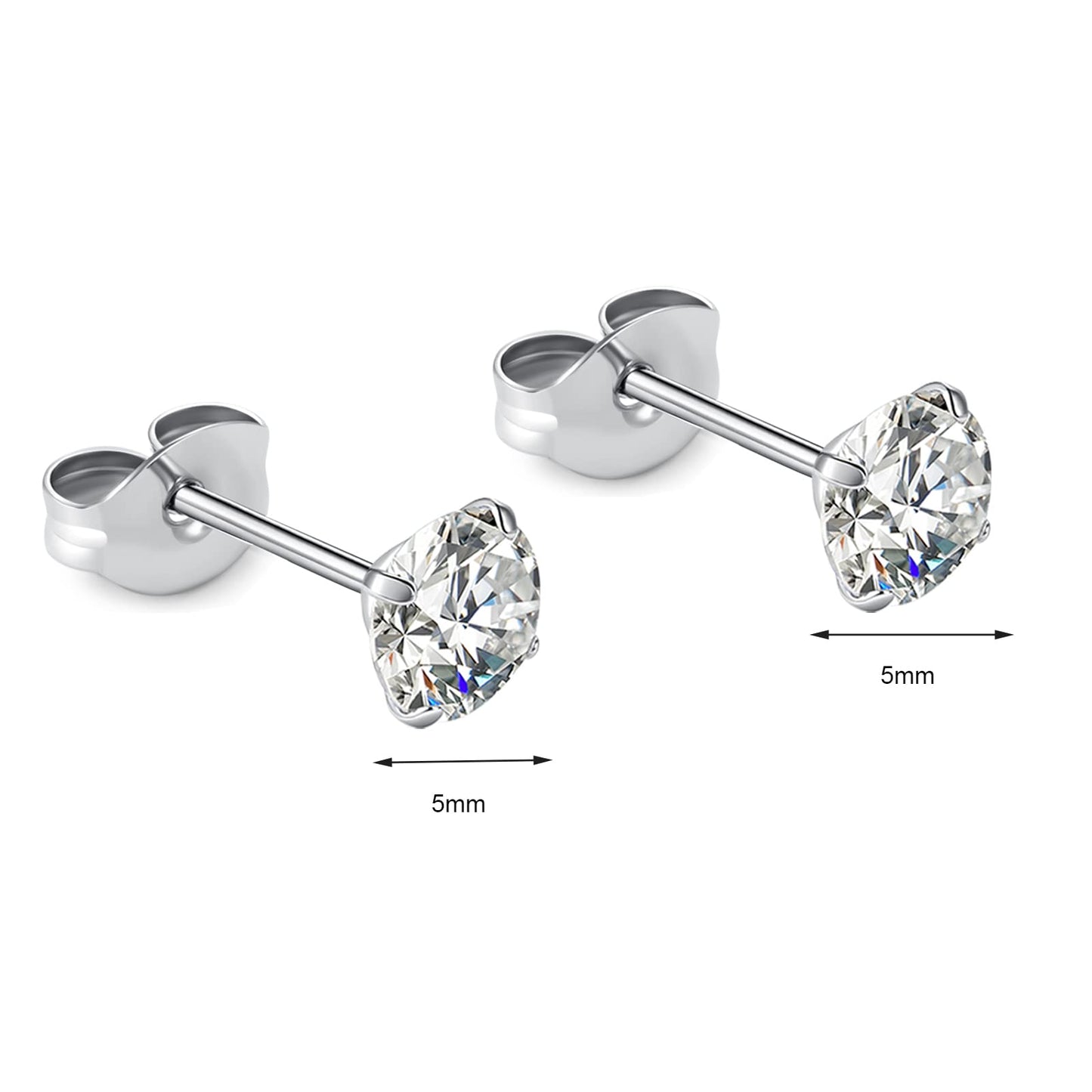 1 Pair Implant Grade Titanium Stud Earrings Set Hypoallergenic 3mm 4mm 5mm 6mm Cubic Zirconia G23 Titanium Earring Studs for Women Men for Sensitive Ear (5mm clear)