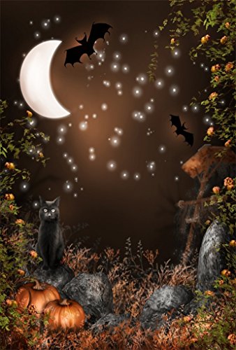 AOFOTO 6x8ft Magic Forest Background Fairytale Fall Moon Night Photography Backdrop Bat Cats Pumpkin Vines Flowers Boy Girl Child Kid Artistic Portrait Gloomy Halloween Photo Studio Props Wallpaper - size: 6x8ft