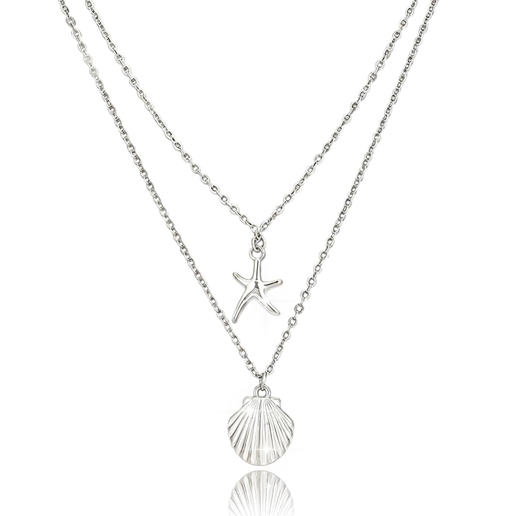Tgirls Boho Starfish Layered Necklace Shell Pendant Necklace Silver Necklaces Chain for Women (Silver)